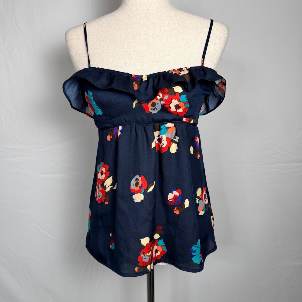 American Eagle Outfitters Navy Floral Babydoll Ruffle Cami Top Y2K Small